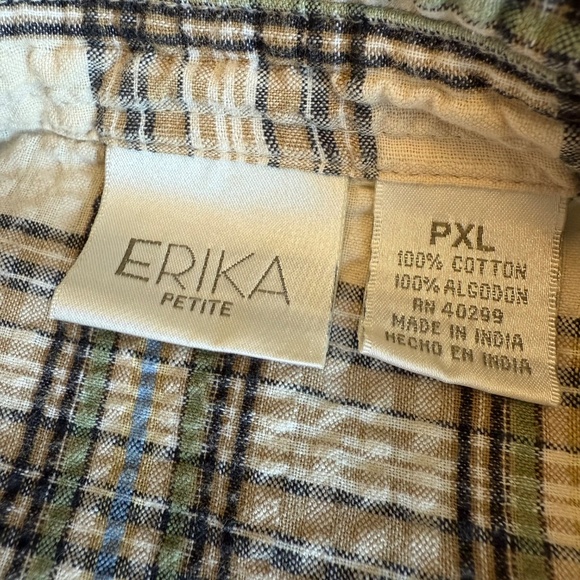 Vintage Erika Seersucker Button Down Shirt Womens Petite XL Tan Plaid Top 90s - Picture 3 of 7